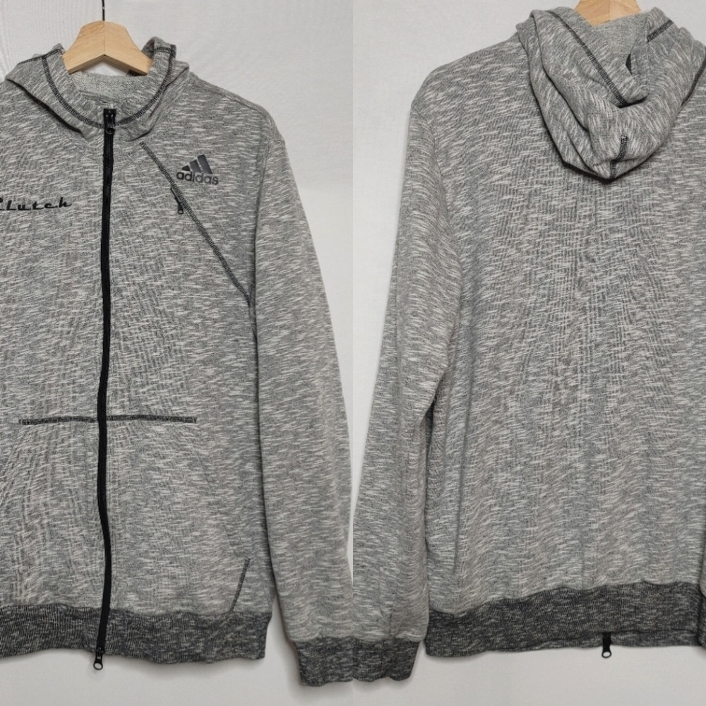 Adidas Full Zip Hooded Sweatshirt Jacket Marled Gray Black Diagonal Seam Large